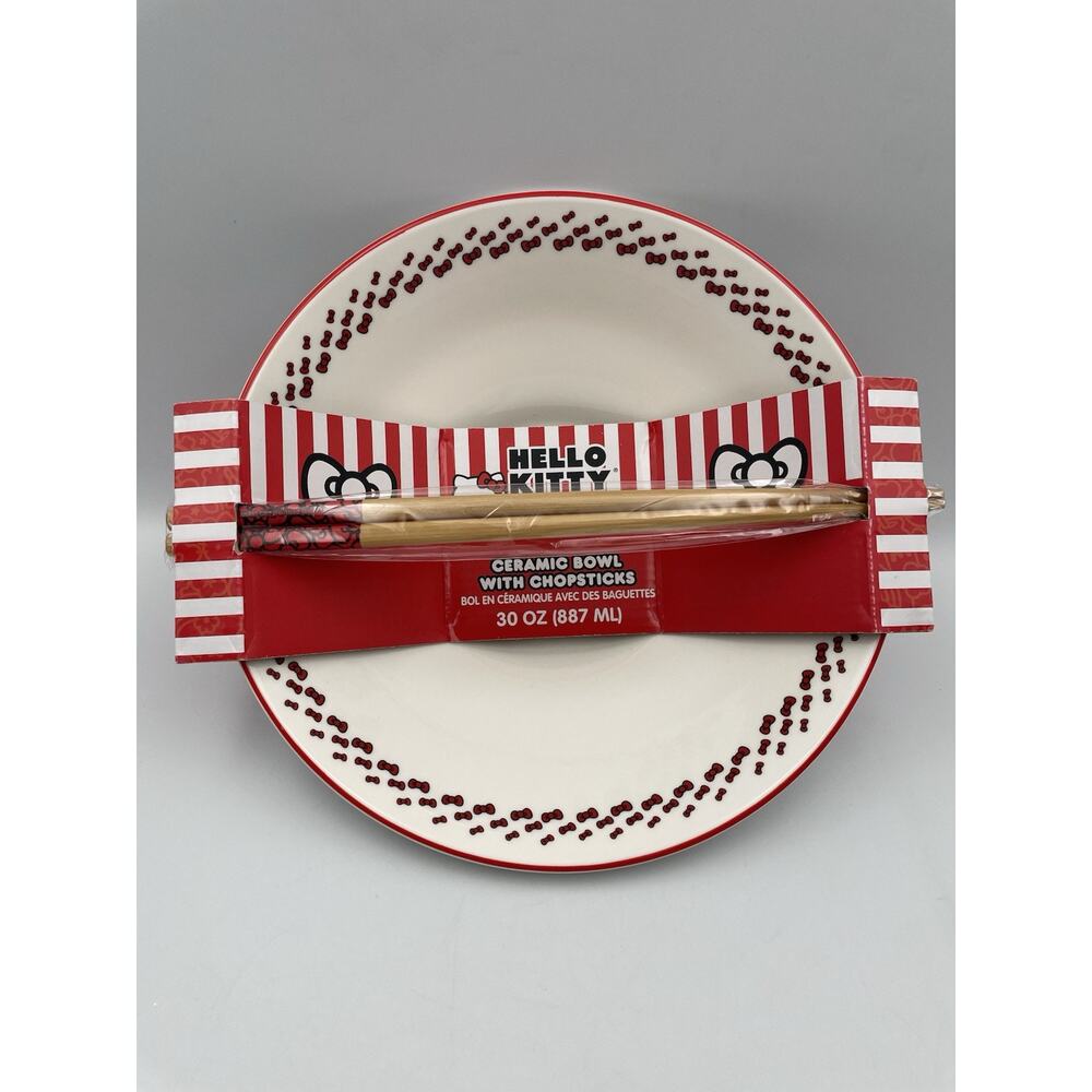 Hello Kitty Sanrio Red Bow Ceramic Bowl With Chopsticks New With Tags